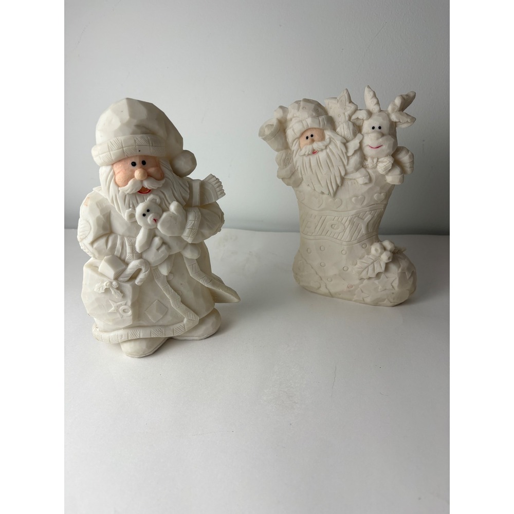 Vintage Style White Resin Santa Claus & Stocking Figurines Can Be Painted